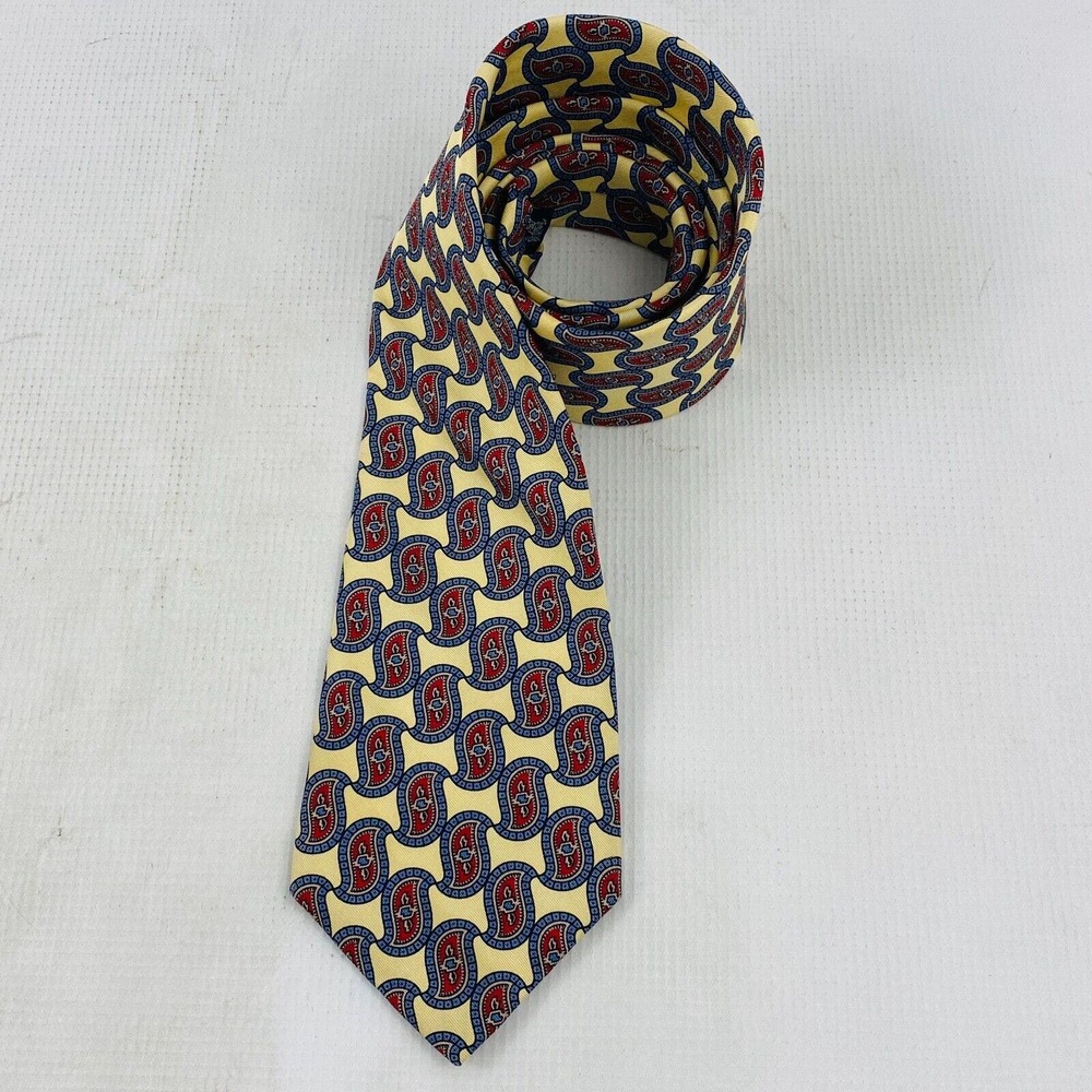Burberry's of London Tie Paisley Yellow‎ Blue Red 100% Silk Necktie